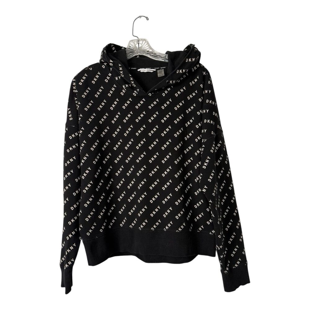 DKNY Sport Hoodie Size M Cropped Logo Sweatshirt Black White